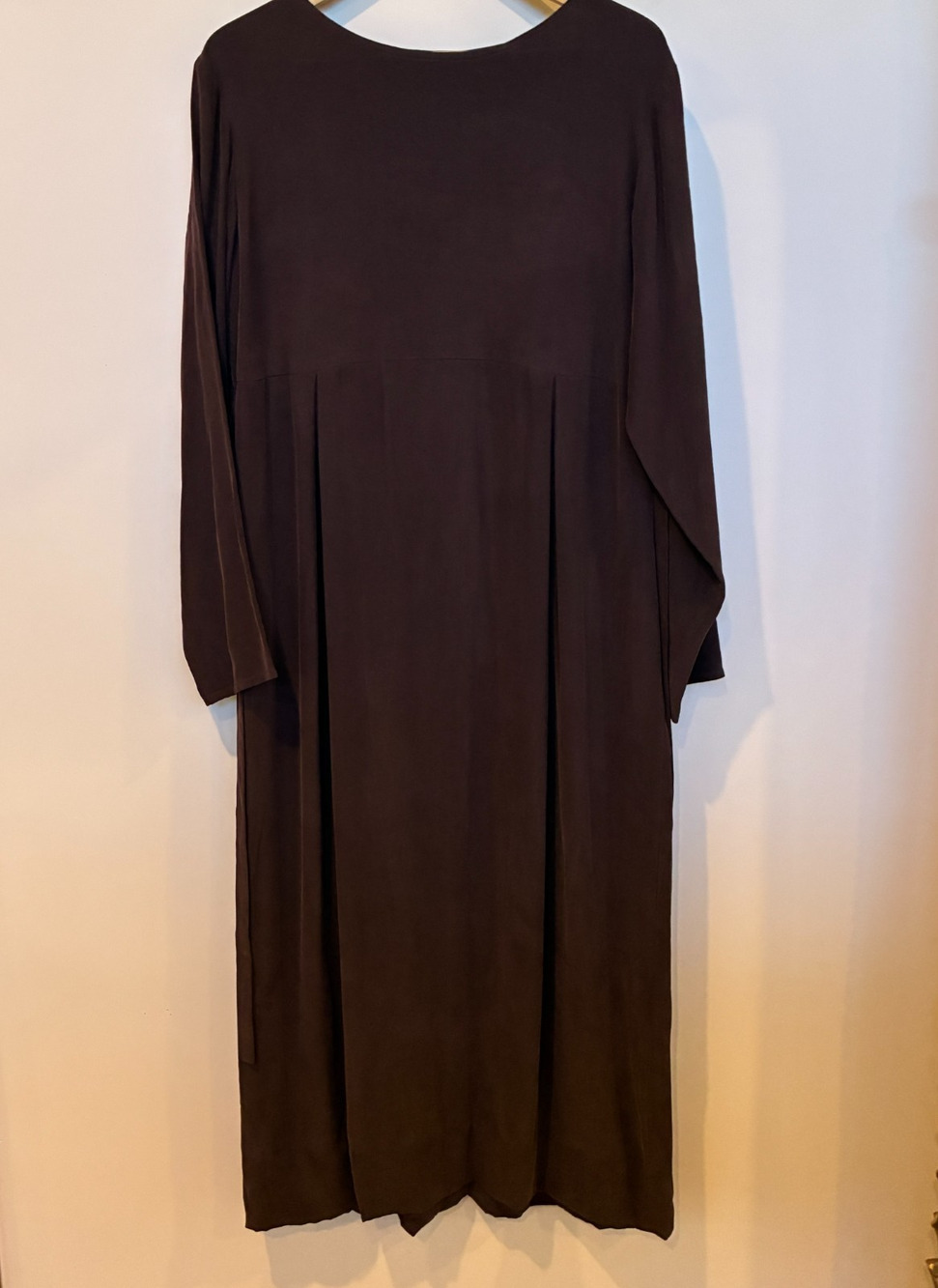 Eileen Fisher 100% Silk Midi Shift Long Sleeve Tie Back Dress Brown Size M